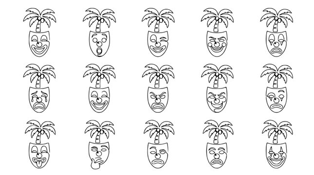 Palm Tree Face Emoticons with Various Expressions - Vector Art