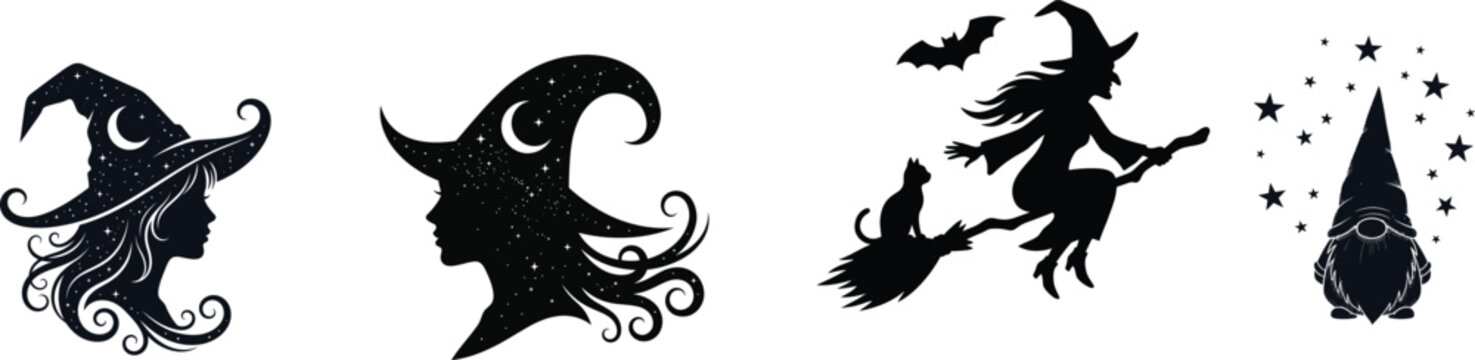 Halloween day silhouette illustrations witches gnome and spooky symbols for decorations and designs