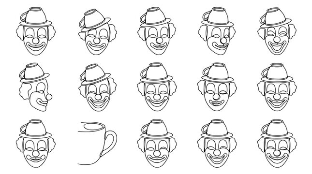 Clown Faces with Hats and Mug Line Art Pattern