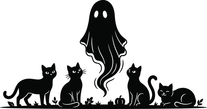 Halloween day black cats and ghost silhouette graphic