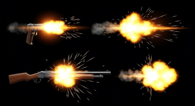 Muzzle flash effects from pistol and shotgun on black background