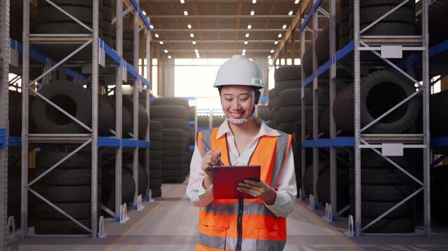 Front View of Asian Female Engineer Taking Note on Tablet While Walking at Tire Warehouse Interior with Industrial Shelving Racks