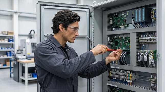 Male electrician in grey jumpsuit, working on electrical control panel with screwdriver, inside factory workshop, industrial automation photography