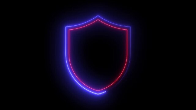 Neon shield glowing with red and blue light animation for cybersecurity and data protection concepts