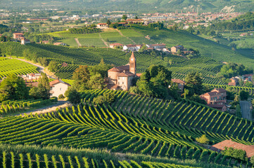 Fototapeta premium Panoramic view of rolling green hills and traditional vineyards in Langhe, Cuneo province, Piedmont, Italy. Scenic rural landscape with historic church and rural village at sunset.