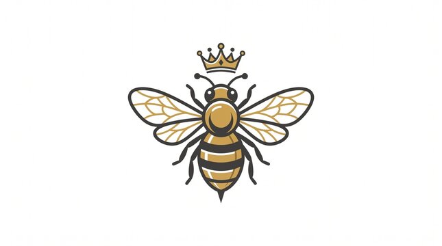 Elegant Minimal Honey Bee Icon with Crown &ndash; Premium Symmetrical Vector Illustration on White Background, Royal Nature Symbol Design