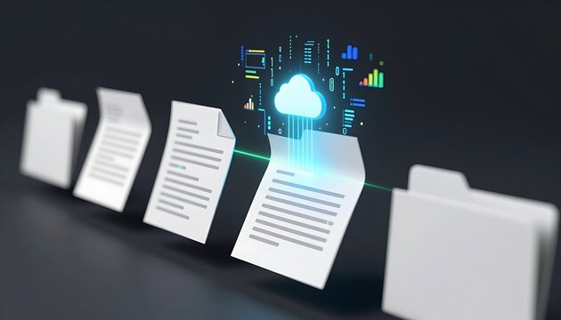 Abstract Machine Learning Concept Showing Digital Data Extraction from Floating Documents with Glowing Binary Code