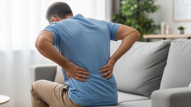 Backache Distress A man sits on a sofa hands gripping his lower back in evident discomfort illustrating the pain and struggle associated with backache