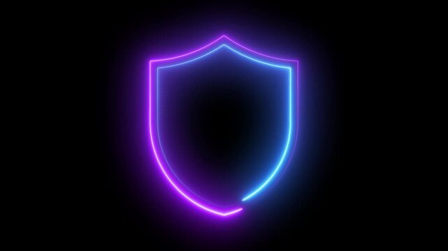 Neon shield glowing with cyberpunk blue and purple light animation on black background, protection security
