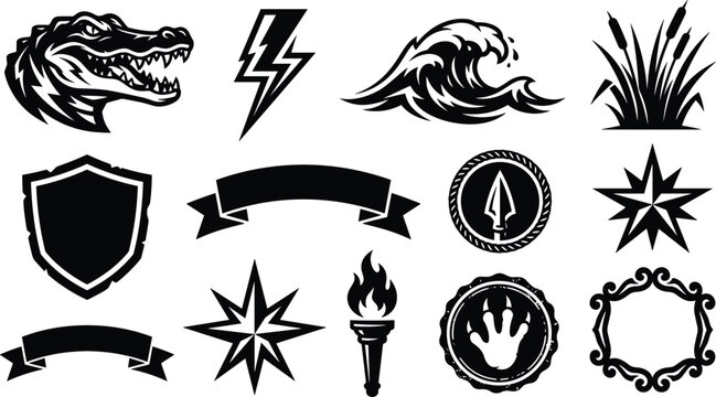 Wild Adventure Vector Set with Alligator Head Ocean Wave Reeds Torch and Explorer Badges