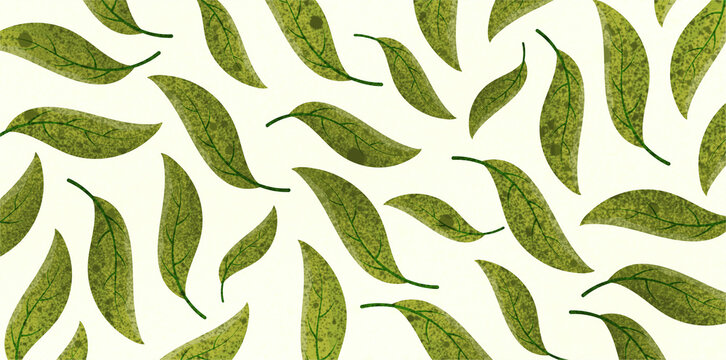 seamless pattern of green tea leaves falling on white