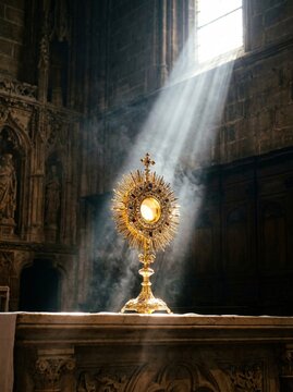 Golden Monstrance on Altar with Incense Smoke and Divine Rays of Light