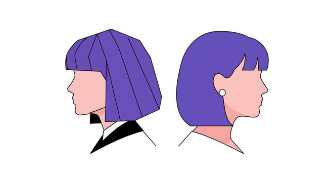 Two stylized female profiles with purple bob haircuts, one geometric and one soft, facing away.