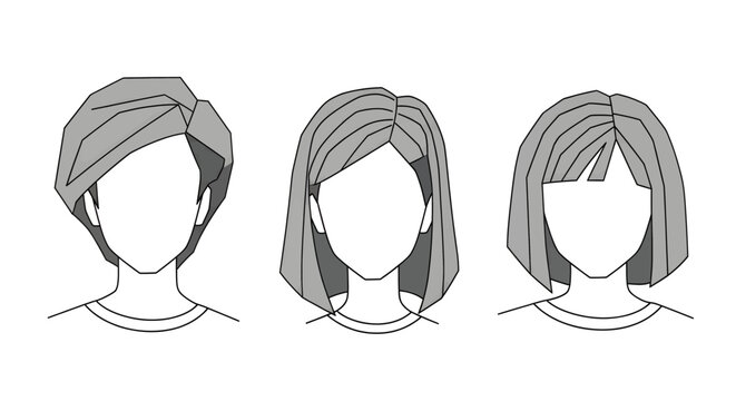 Three different short hairstyles for women, including a pixie cut, a bob with a side part, and a bob with straight bangs, illustrated in a simple line art style.