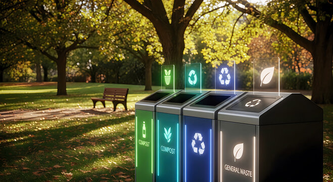 Recycling bins for paper plastic and general waste in a park