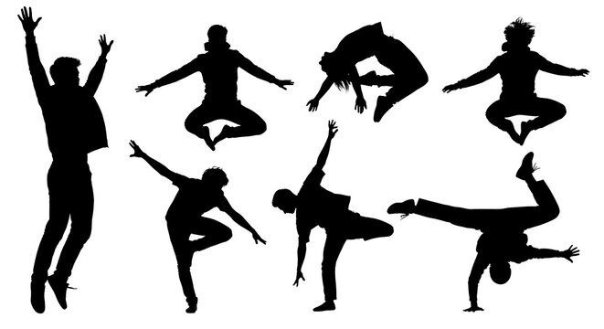 A collection of eight black silhouettes of dancers in various poses