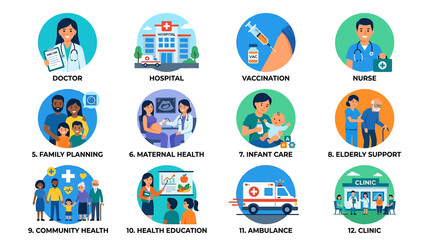 Fototapeta premium Medical professionals providing healthcare services at hospital and clinic facilities with doctors nurses and community health workers.