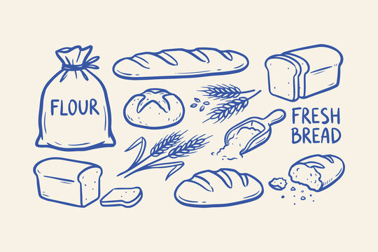 Hand drawn doodle set of fresh bread wheat flour bag and bakery ingredients in a simple sketchy style illustration Vector, illustration