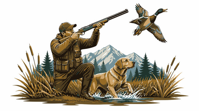 Hunter with Rifle and Dog in Nature Scene.