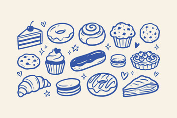 Set of cute hand drawn sweet desserts and pastries including cake donut muffin cookie croissant and cupcake doodles Vector, illustration © Foysal