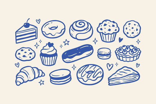 Set of cute hand drawn sweet desserts and pastries including cake donut muffin cookie croissant and cupcake doodles Vector, illustration