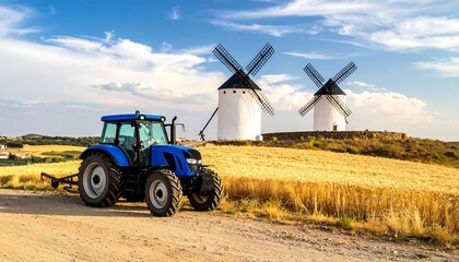 Fototapeta premium A blue tractor drives on a dirt road past two white windmills