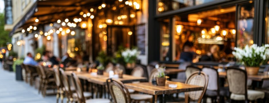 Cozy outdoor cafe setup with wooden tables and string lights  