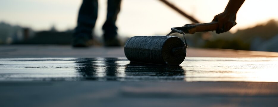 Worker applying waterproofing treatment to a roof during sunset  