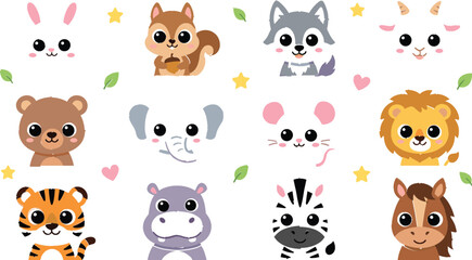 Fototapeta premium Cute animal face collection featuring bear squirrel wolf goat elephant mouse lion tiger hippopotamus zebra and horse cartoon icons