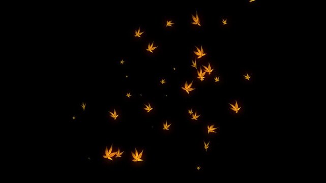 many leaves on ground of autumn and flying going down, slow motion video, Many leaves are falling on black screen, many falling leaves to the ground strewn. 4k animation