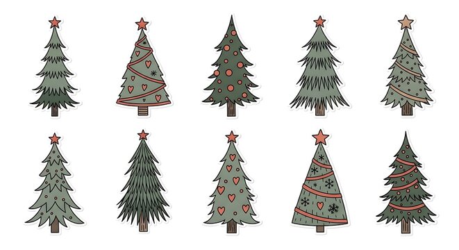 A collection of eight illustrated Christmas trees with various ornaments