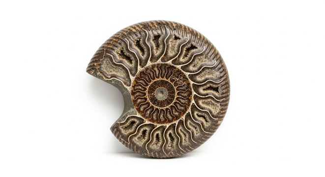 Close-up of a detailed ammonite fossil with intricate spiral pattern and earthy tones for nature and paleontology themes