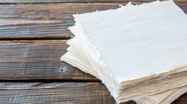 A neat stack of thick textured handmade cotton rag paper sheets with deckled edges, sitting on a dark oak wooden desk, artistic material mockup