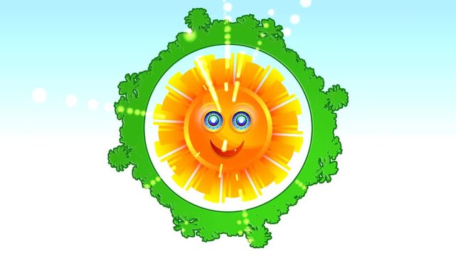 Smiling sun with green leafy circle on blue background