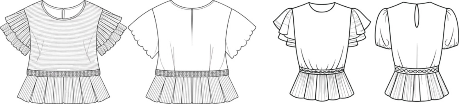 Technical flat sketches of a women's peplum blouse with ruffled sleeves and elastic waist