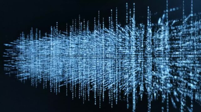 Burst of blue digital binary code data stream explosion