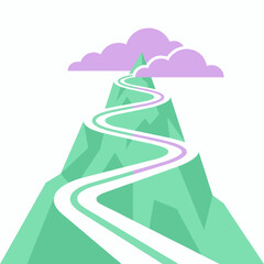 Obraz premium Winding road leading to the top of a green mountain peak with purple clouds vector illustration.