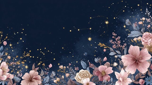 Elegant Floral Frame with Peonies and Golden Constellations on Dark Blue Background.