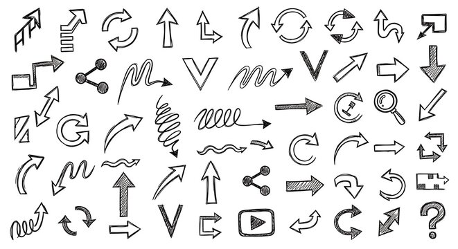 A collection of various black and white arrows and symbols on a white background