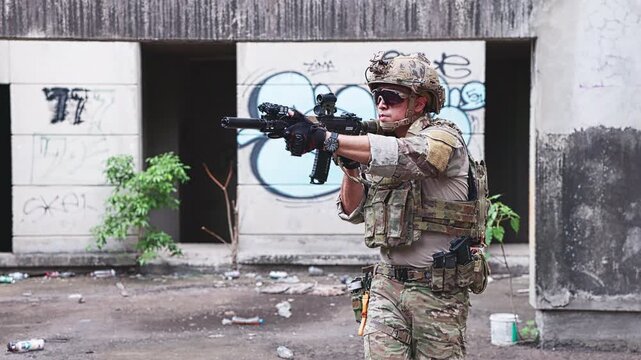 Tactical Operator Standing in Abandoned Building