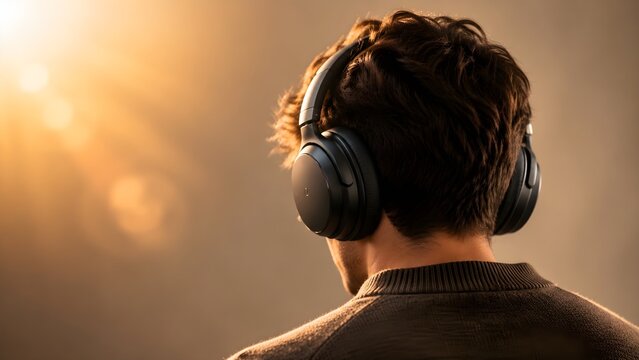Man Wearing Headphones Enjoying Music and Sunlight at Sunset