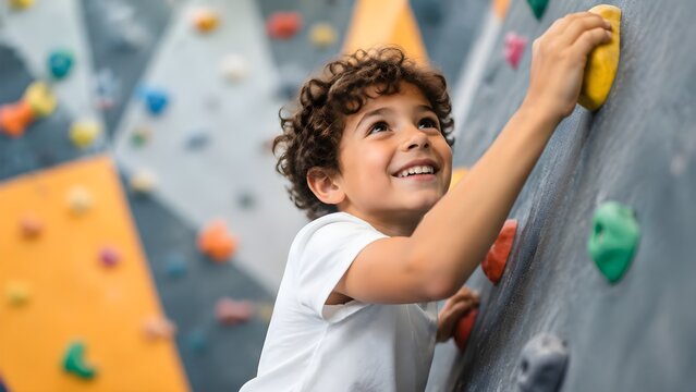 Young Boy with Curly Hair Climbing a Rock Wall with a Smile