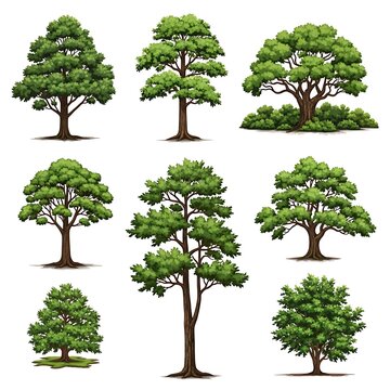 A collection of eight trees with varying branch and leaf structures