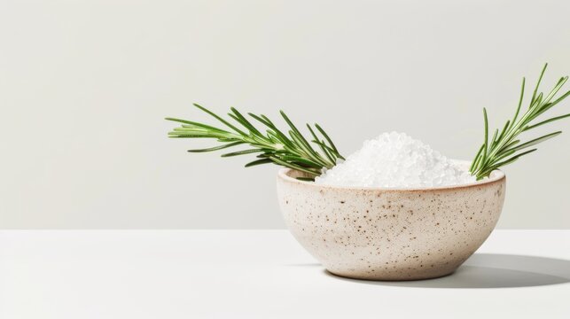 Textured minimalist vector of a small handmade ceramic bowl filled with coarse sea salt flakes and rosemary, isolated on a solid white background