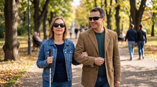Visually impaired couple walking arm in arm together along sunlit autumn park pathway