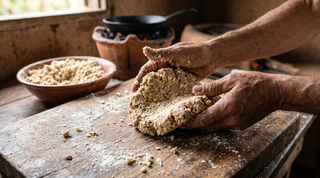 Man handling dough on a wooden table with a bowl of ingredients in a rustic setting