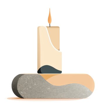 Wabi sabi modern illustration of a raw slate stone candle holder with a single slender beige wax candle, quiet peaceful composition, clean vector lines
