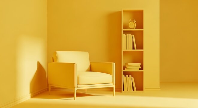 Monochromatic yellow room highlights a minimalist armchair and a tall bookshelf with books and an alarm clock
