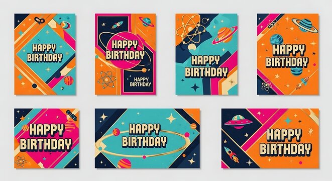 A collection of eight vibrant birthday card designs with varied geometric patterns