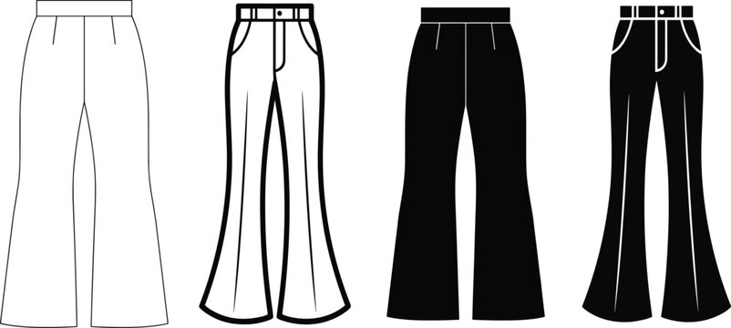 Technical flat sketch collection of flared pants and bell bottom trousers for fashion design and apparel templates